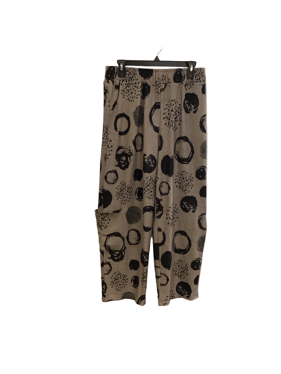Heather Taupe w/ Black Circle Design Pull On Pants w/Side Pockets by Shana.