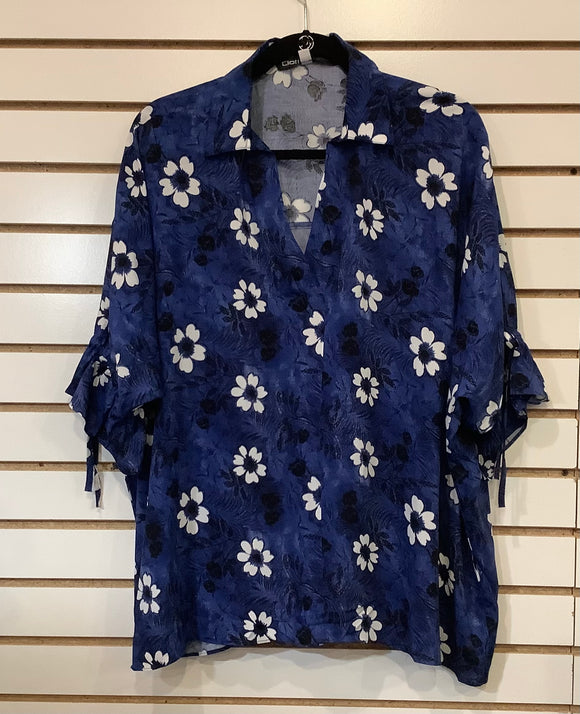 Blue and White Floral Raglin Sleeve, Split Neck Colored Shirt by Clotheshead.