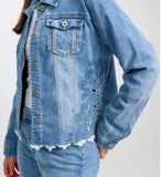 Lite Blue Denim Button Front Jacket w/Daisy Cutout, Bling Accent and Flowered Lace Trim on Bottom by Orly.