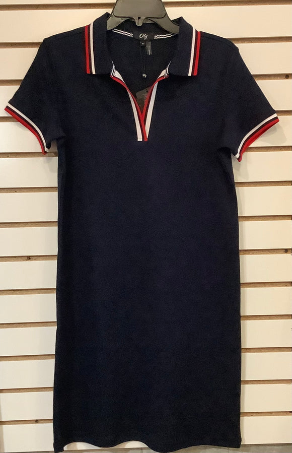 Navy Dress W/Red and White Trim on Split Neck and Short Sleeve by Orly.