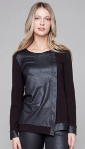 Black Long Sleeve, Scoop Neck Top with Faux Leather  Front Panel by Compli K.