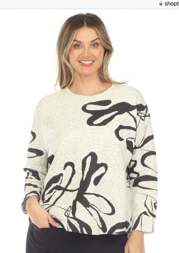 Black/Cream Crew Neck, Dolman Sleeve Textured, Graphic Print Top w/Hi-Lo Hem by Inoah.