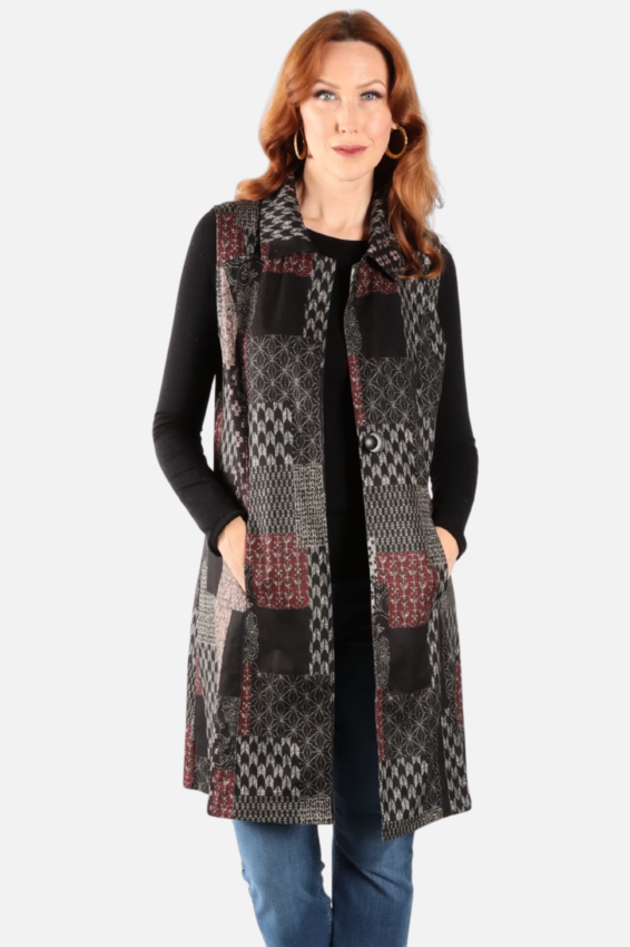 Multi-Print Patchwork Long Vest in Shades of Grey, Black and Deep Red by Shana.
