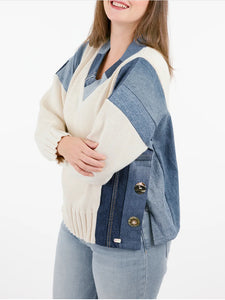 Cream V-Neck Sweater with Blue Denim Trim by Shannon Passero.