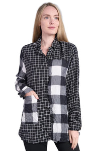 Black/White Crushed Mixed Plaids, Long Sleeve Blouse w/Front Pocket by Shana.