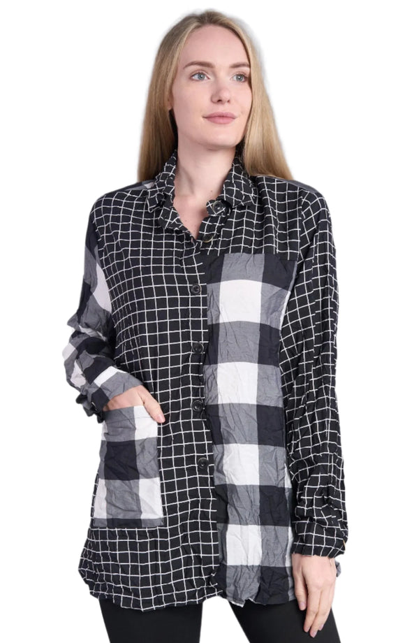Black/White Crushed Mixed Plaids, Long Sleeve Blouse w/Front Pocket by Shana.