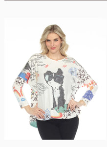 White w/Multicolored Dog Print “The Professor”, 3/4 Sleeve Hi-Lo Tunic Top by Inoah.
