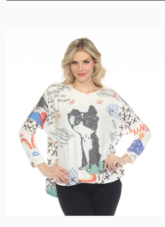 White w/Multicolored Dog Print “The Professor”, 3/4 Sleeve Hi-Lo Tunic Top by Inoah.