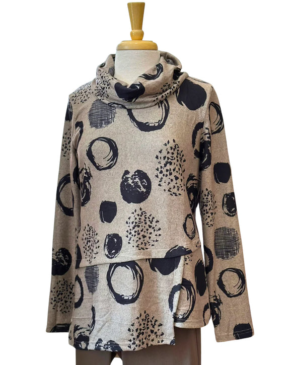 Heather Taupe w/ Black Circle Design, Long Sleeve, Cowl Neck, Asymmetrical Hem Tunic Top by Shana.