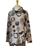 Heather Taupe w/ Black Circle Design, Long Sleeve, Cowl Neck, Asymmetrical Hem Tunic Top by Shana.