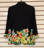 Black Crinkle Woven Knit, Lapel Front Jacket w/ Floral Trim on Bottom and 3/4 Sleeves by Multiples.