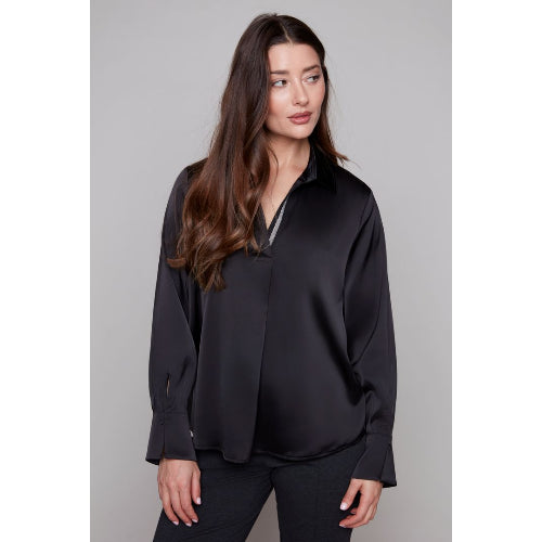 Black Woven Collared V-Neck, Long Sleeve Blouse by Carre Noir.