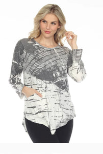 Grey and White Brushed Graphic Pattern, Scoop Neck, Long Sleeve Top w/Asymmetrical Hem by Inoah.