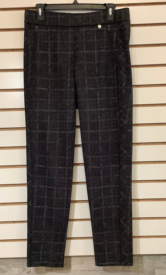 Black/Grey Muted Plaid Rita Pull-On Slim Pant w/Zippered  Side Pockets by Robell.