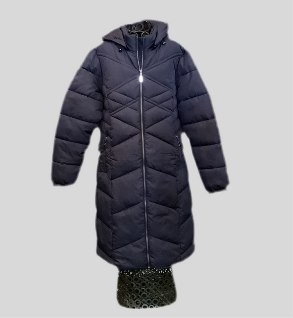 Navy Hooded Quilted, Zipper Front Long Front Coat by Sunday.