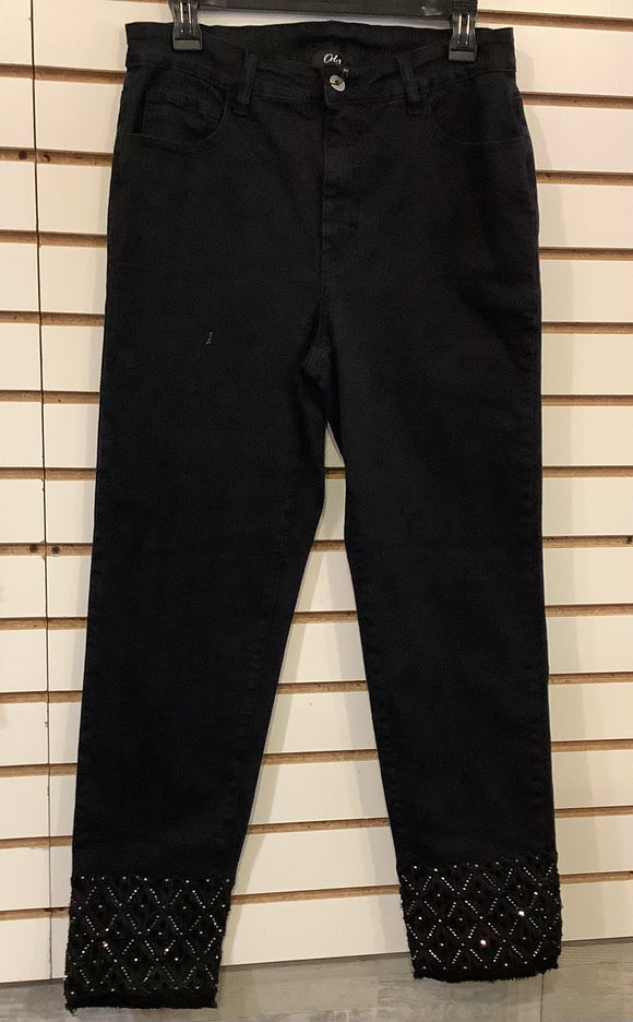 Black Straight Leg Jean with Bling on Hem and Front,Back Pockets by Orly.