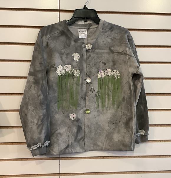 Kunky’s Hand Painted Grey Tye Dye Sweatshirt w/ White Flowers.