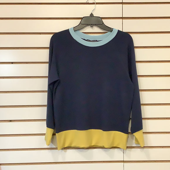 Navy Blue Long Sleeve French Terry Top w/Crew Neck and Gold Trim by Nally & Millie.