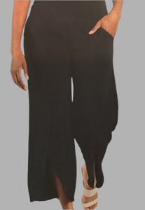 Black Ankle Length Soft Knit, Pull-On Pant with Front Center Slit by Clara Sun Woo.