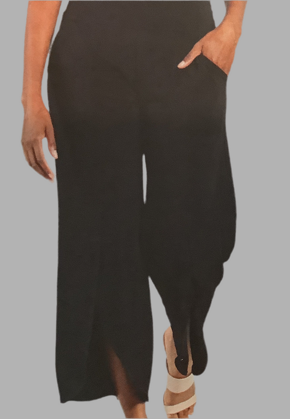 Black Ankle Length Soft Knit, Pull-On Pant with Front Center Slit by Clara Sun Woo.