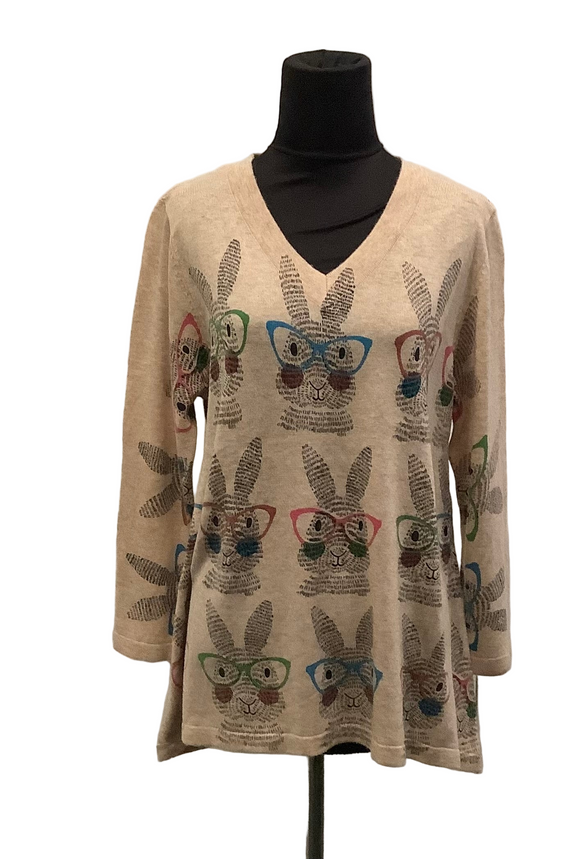 Beige Lite Fleece w/Cute Scattered Rabbits Wearing Glasses, V-Neck, Long Sleeve Tunic Grey by Shana.