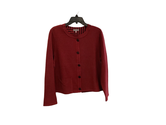 Red/Black Mixed Stripe Pattern, Round Neck, Long Sleeve Button Front Jacket by Habitat.