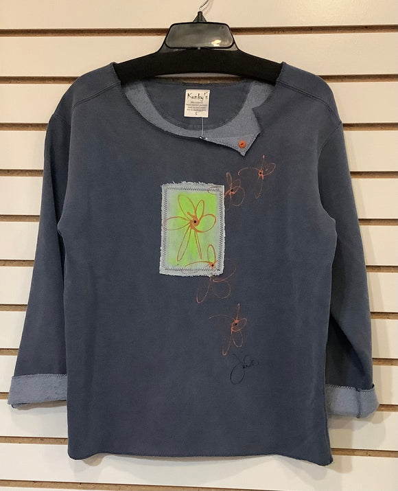 Kunky’s Hand Painted Denim Sweatshirt with Orange Floral Appliqué .