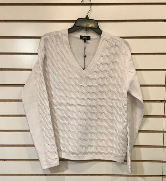 White Cable Knit, V-Neck, Long Sleeve Sweater by Orly.