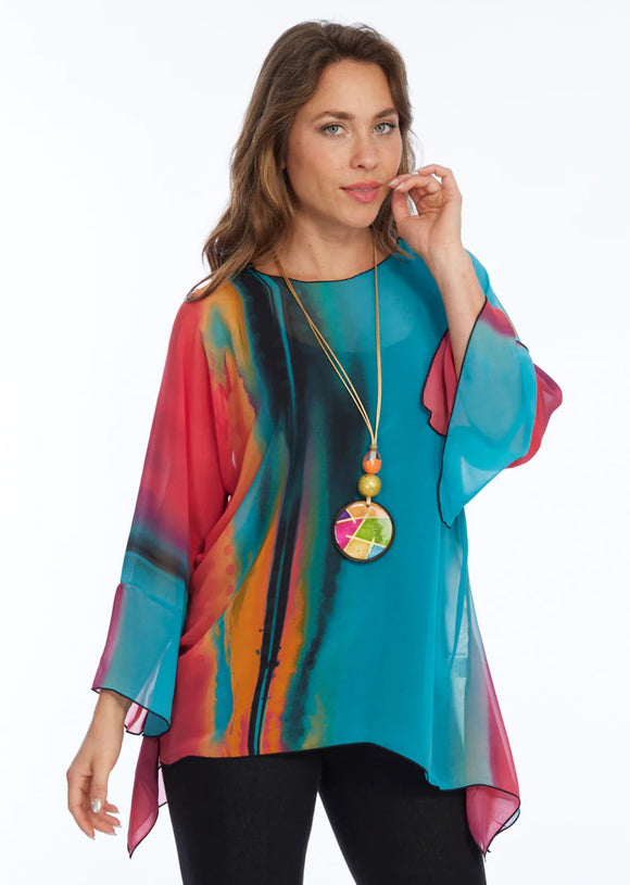 Fuchsia/Aqua Watercolor, One Size, Sheer Tunic with 3/4 Sleeves by Lior of Paris