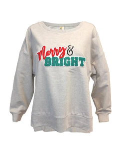 “MERRY & BRIGHT”Round Neck Grey Top