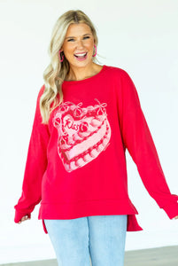 Red Long Sleeve Micro Fleece Top w/Kiss Heart Shaped Cake on Front by Grace & Emma.