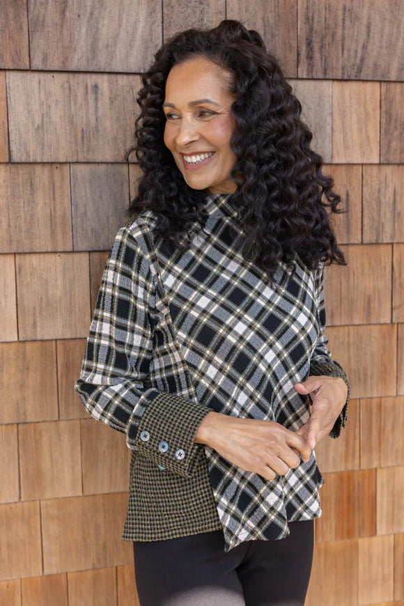 Olive Green/Black/White Mixed Plaids, Long Sleeve,Top Standup Collar w/Button Detail by Habitat.