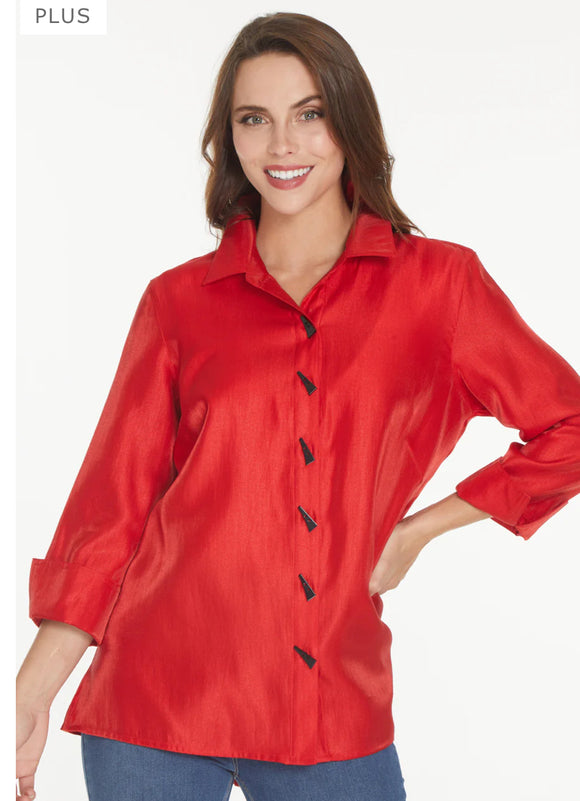 Red Blouse with Black Contrasting Buttons Down Front, Back and 3/4 Turn-Up Button Cuff  Multiples.