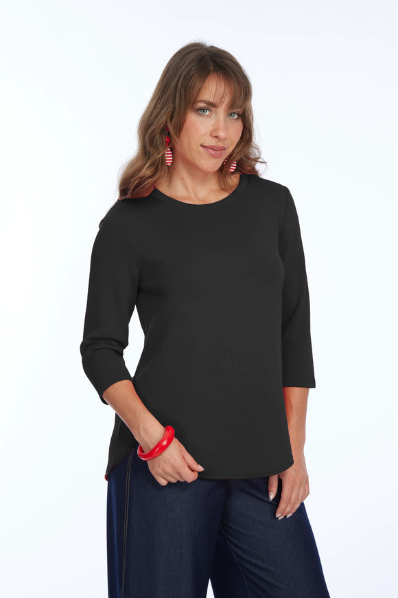 Black, 3/4 Sleeve, Scoop Neck Tunic Top with Hi/Lo Hem by Lior of Paris.