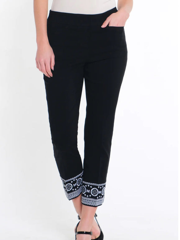 Slimsation Black Pull On Ankle Pants w/Front and Rear Pockets and White Embroidered Trim on Hem by Multiples.