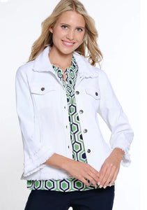 White Button Front Jean Jacket by Multiples.  Triple Fringe on Sleeves and Fringed Collar.