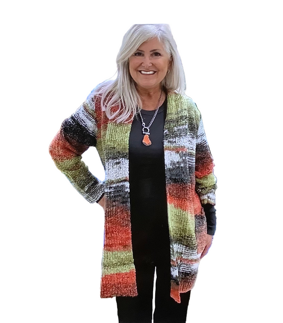 Knitted, Space Dyed, Open Front Cardigan, in Fall Colors with  Front Pockets by Papa