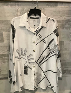 White/Black Geometric Print Tunic Length Flared Bottom Blouse, with Long Sleeves by Clotheshead.