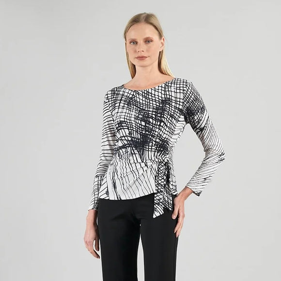Black/Bone Geometric Web Design, Scoop Neck, Side Tie Soft Knit Top by Clara Sun Woo