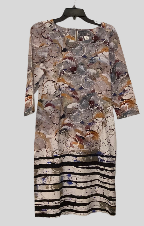 Multicolored Black, Gold, Grey Mixed Graphic Design, Scoop Neck Dress w/Elbow Length Sleeve and Back,Gold Zipper by Dolcezza.