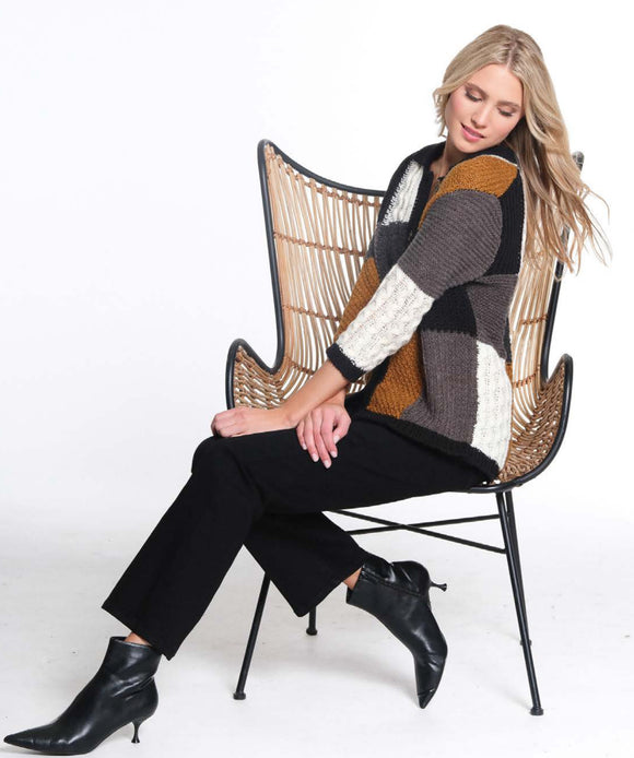 Muti-Colored Grey,Tan, Black Block Print Open Front Sweater by Multiples.