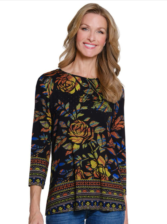Black/Green/Gold Floral Round Neck, 3/4 Sleeve Top w/ Subtle Embellishment by Multiples.