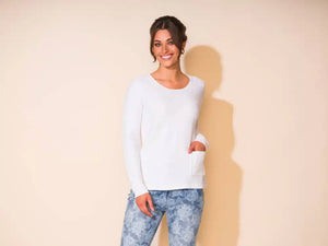 White Round Neck, Long Sleeve Sweater w/Front Pocket by Alison Sheri.