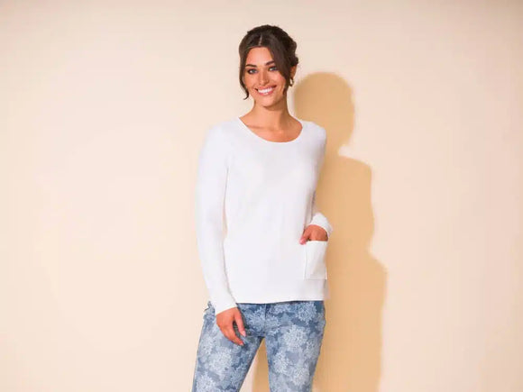 White Round Neck, Long Sleeve Sweater w/Front Pocket by Alison Sheri.