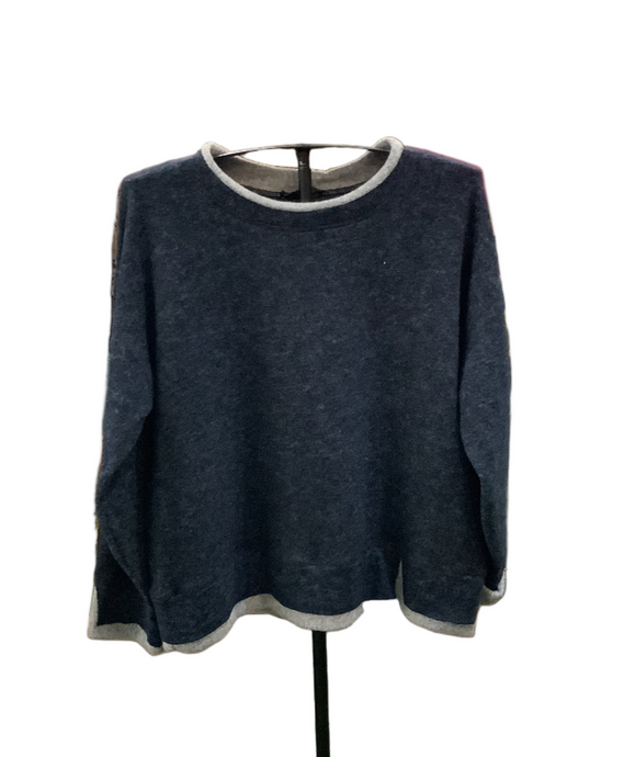 Navy Heather, Round Neck, Long Sleeve Sweater with Grey Trim on Neck and Sleeves by Nallie and Millie.