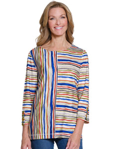 MuLti-Colored Black/Green/Gold/Blue Striped Panel Round Neck, Faux Button Plkt,3/4 Sleeve Top by Multiples.