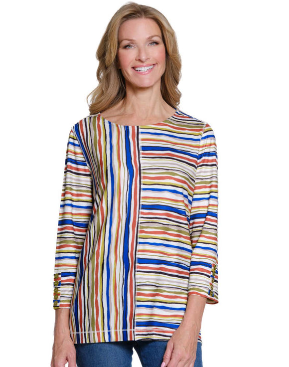 MuLti-Colored Black/Green/Gold/Blue Striped Panel Round Neck, Faux Button Plkt,3/4 Sleeve Top by Multiples.