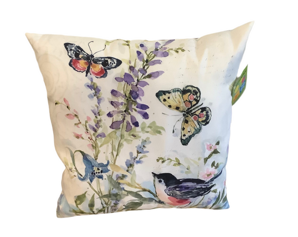 Water Color Birds and Butterfly Pillow by Climaweave.  18”x18”