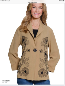 Tan 1-Button Front Shawl Collar, 3/4 Turn-Up Sleeve Jacket w/Black Embroidery by Multiples.