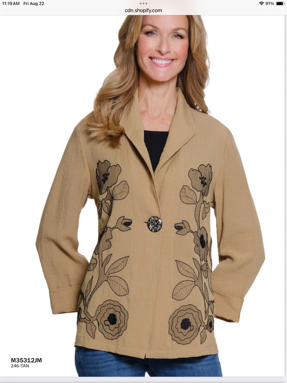 Tan 1-Button Front Shawl Collar, 3/4 Turn-Up Sleeve Jacket w/Black Embroidery by Multiples.
